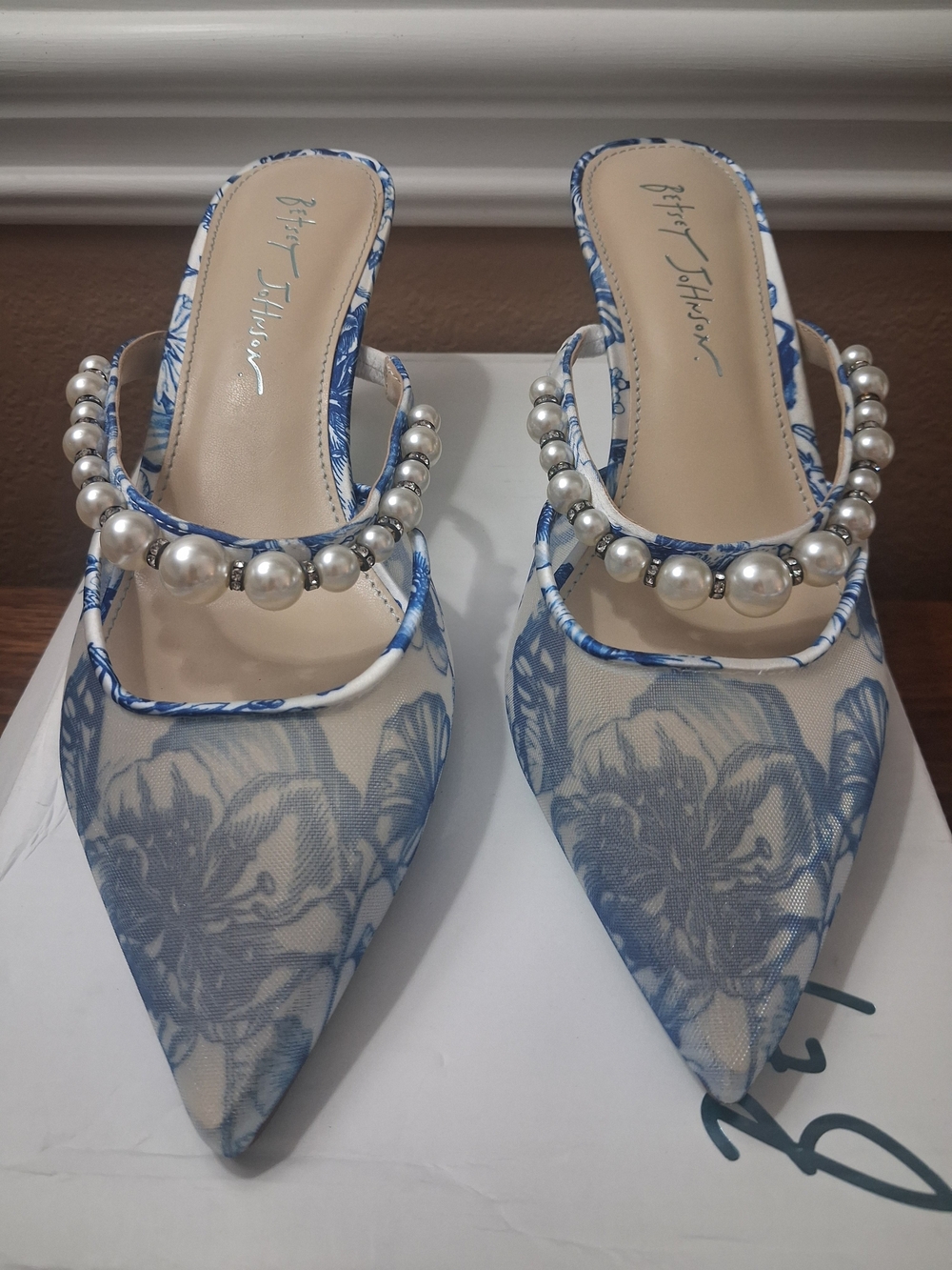 Blue Floral Pearl-Embellished Women’s Kitten Heal - Picture 2 of 9